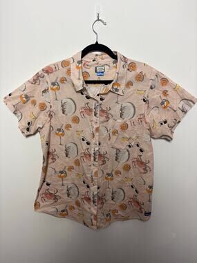 KAVU Girl Party Crabs & Cocktails Button-Up Shirt Size L Beach Camp Hawaiian